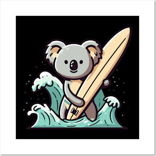 Cute koala with surfboard, koala bear surfing with sea waves, koala lover design, summer vacation Posters and Art